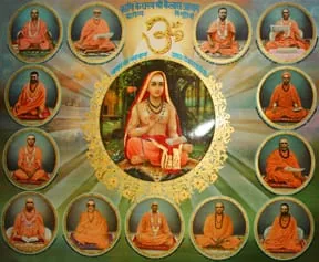 Adi Shankaracharya surrounded by the acharyas of Kailasa Ashram